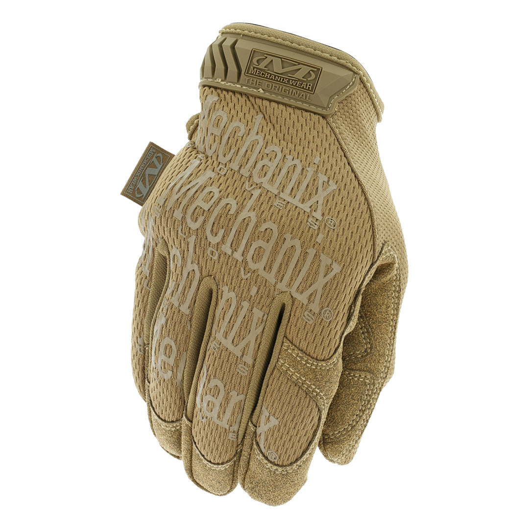 Mechanix Wear The Original Coyote Tactical Gloves showcasing form-fitting TrekDry material and touchscreen capability for military and law enforcement use.