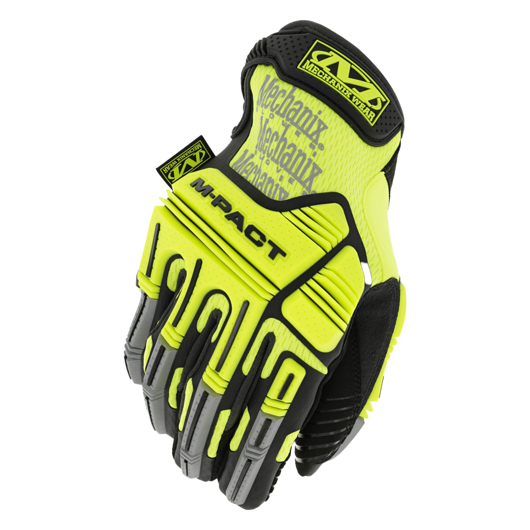 angled top view of hi-viz yellow industrial safety glove with black and grey tpr impact protection and mechanix wear branding