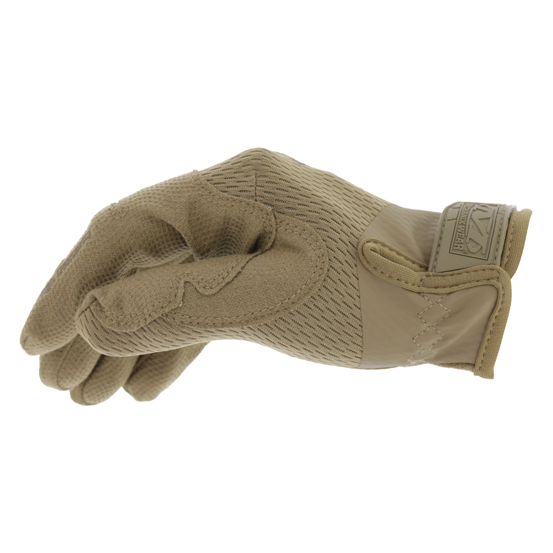 tan mechanix wear specialty 0.5mm covert tactical glove side view showing contoured fit and flexible finger construction