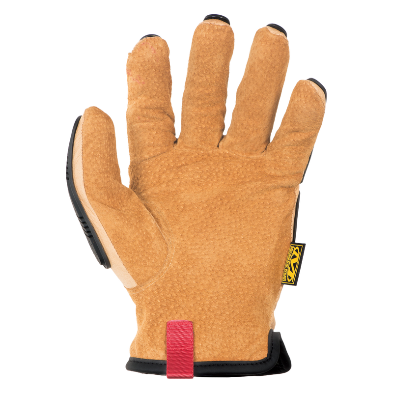 mechanix wear m-pact 360 cut resistant glove palm view showing textured brown leather grip with reinforced stitching
