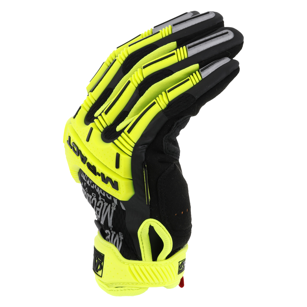 angled view of mechanix wear high-visibility glove showing articulated fingers and tpr reinforcements