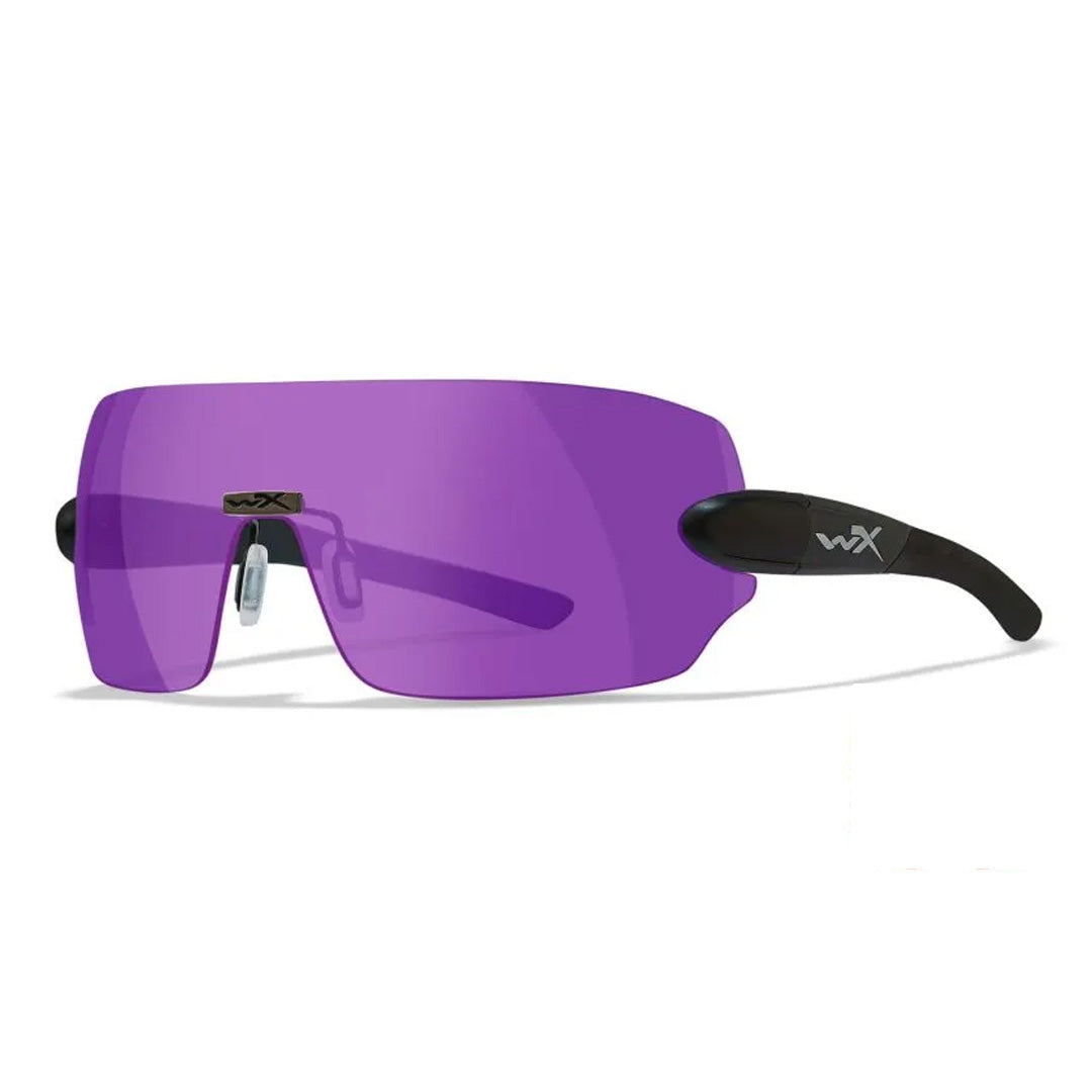 Wiley X WX Detection eyewear with a purple lens, featuring a matte black frame, designed for tactical and shooting applications.