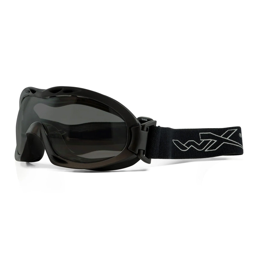 Black Wiley X Nerve Tactical Goggles with dark grey lenses and an adjustable strap, designed for outdoor and tactical use, providing maximum eye protection.