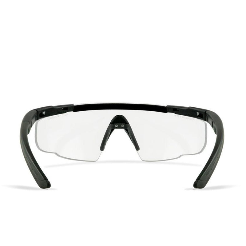 Angled view of Wiley X Saber Advanced featuring clear shield lenses and lightweight semi-rimless frame.