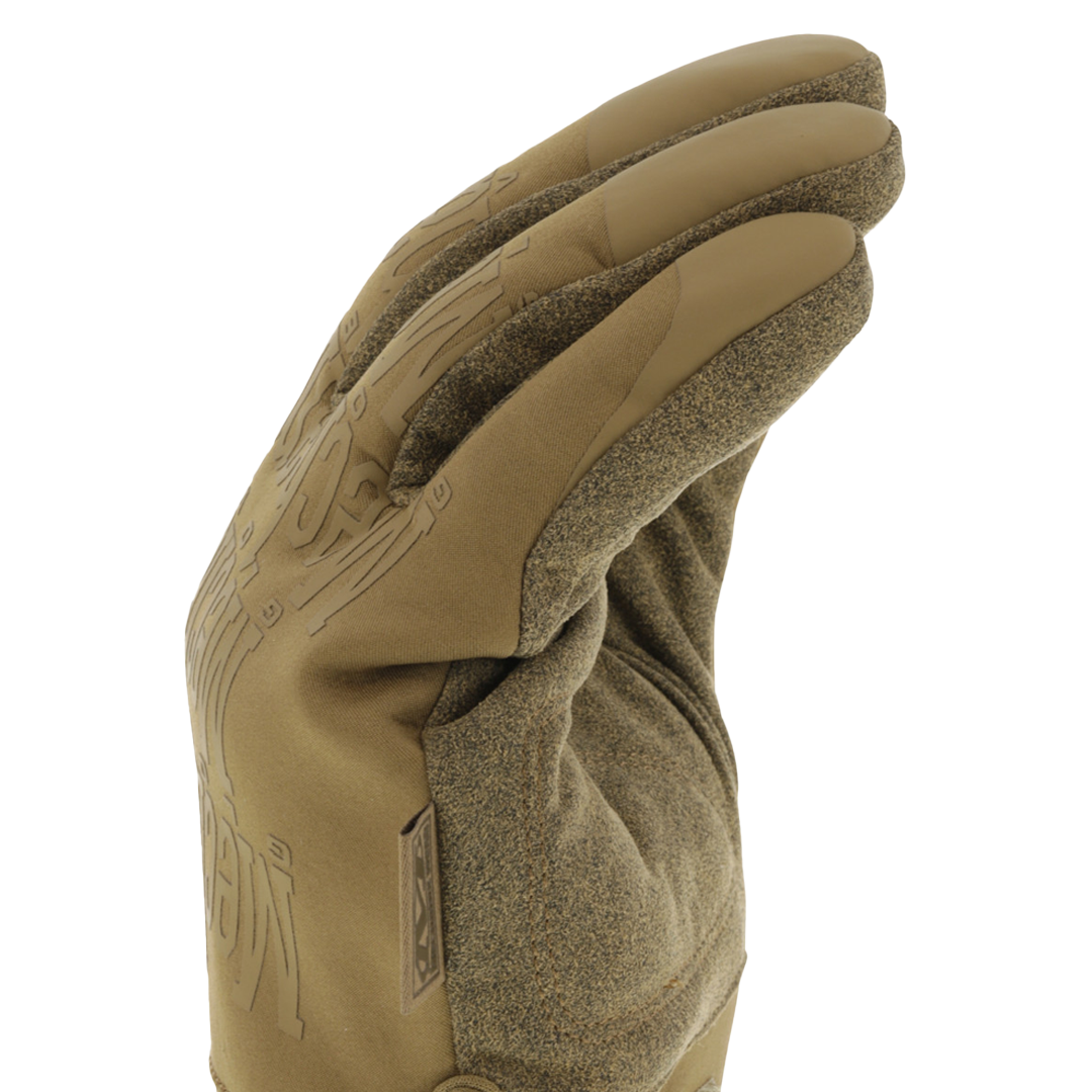 side view of cold weather tactical glove highlighting insulated thumb and contoured wrist cuff