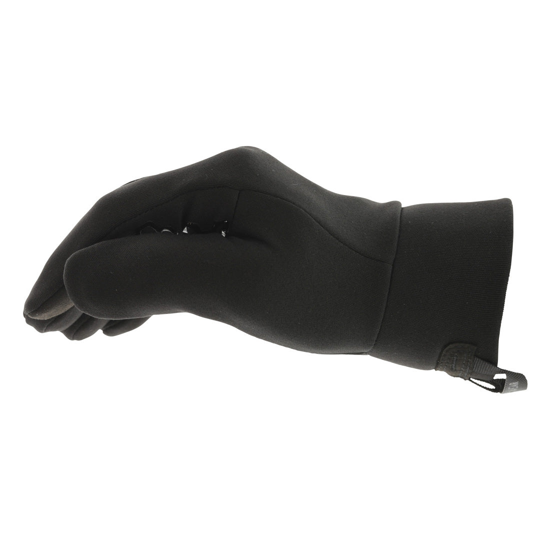 Glove in a relaxed position showing curved fit and nylon loop at cuff for hanging.