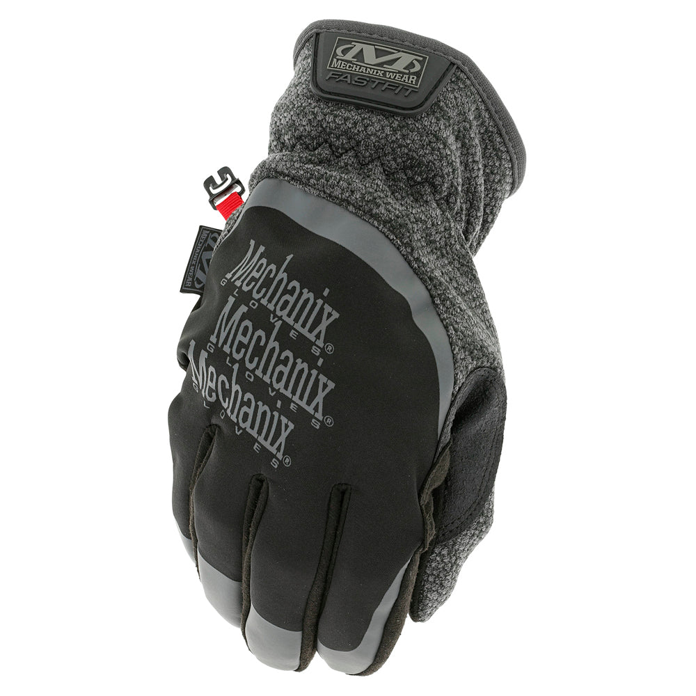 Mechanix Wear ColdWork FastFit gloves in black and grey with fleece insulation, touchscreen fingertips, and elastic cuff, ready for cold weather tasks.