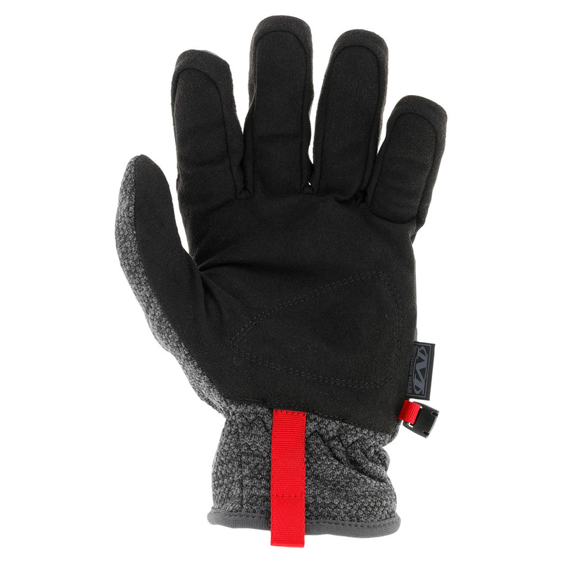 Insulated palm view of Mechanix Wear ColdWork FastFit gloves with fleece and red pull-tab for easy wear, tailored for chilly environments.