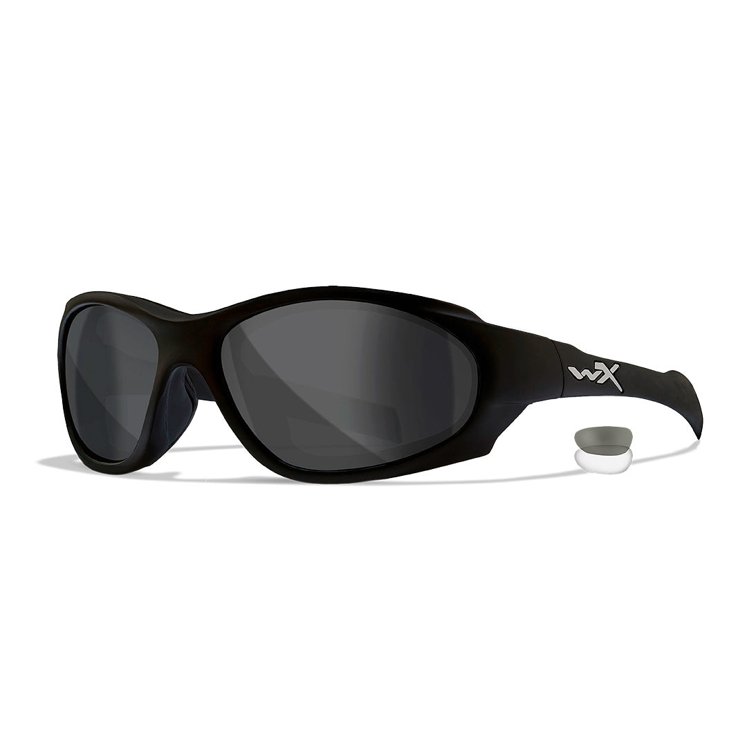 angled front view of wiley x xl-1 advanced comm 2.5 matte black frame with grey lenses and removable facial cavity seal