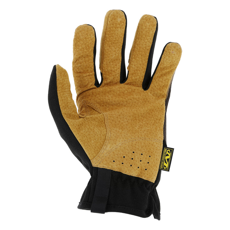 palm view of fastfit leather glove showing textured durahide leather surface and perforated ventilation