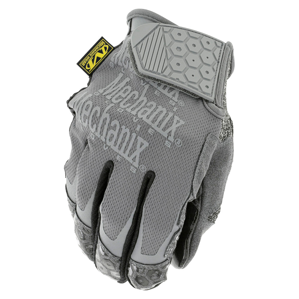Mechanix Wear Box Cutter™ gloves showcasing breathable TrekDry® back, cut-resistant thumb reinforcement, and no-slip silicone grip palm, ideal for construction and warehouse tasks.