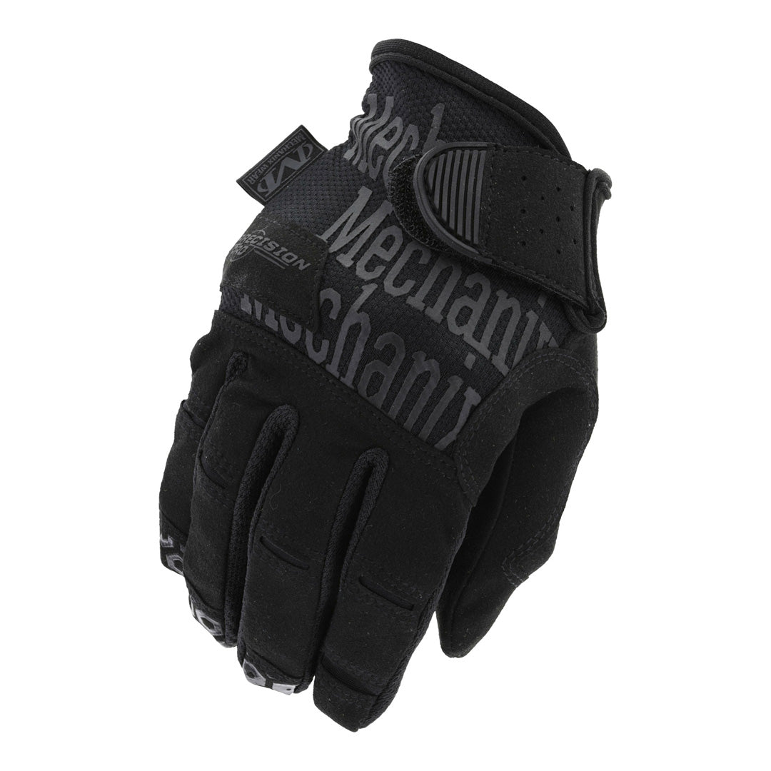 A pair of Mechanix Wear Precision Pro High-Dexterity Grip Gloves in Covert black, showcasing the silicone grip technology and hook & loop cuff design.
