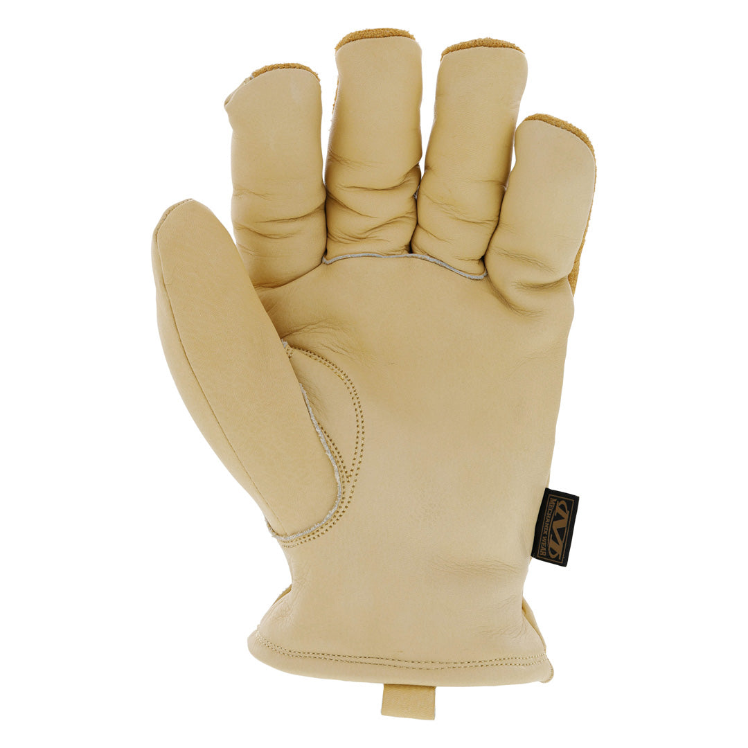Palm view of Mechanix Wear Leather Insulated Driver Coldwork Gloves highlighting the detailed construction and reinforced stitching for enhanced grip and durability in cold working conditions.