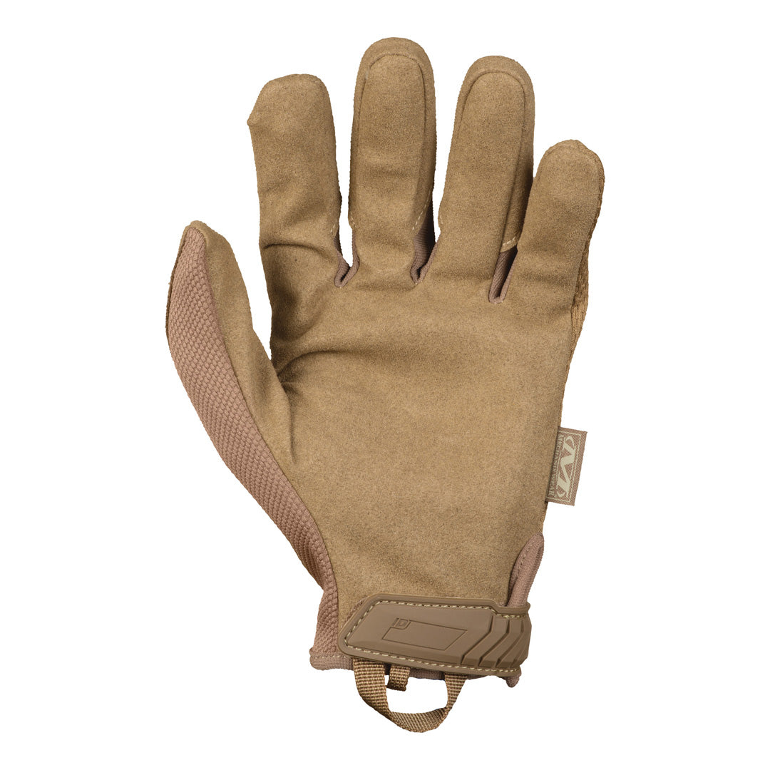 Palm view of Mechanix Wear The Original Coyote Tactical Gloves with touchscreen-capable synthetic leather and nylon loops for storage.