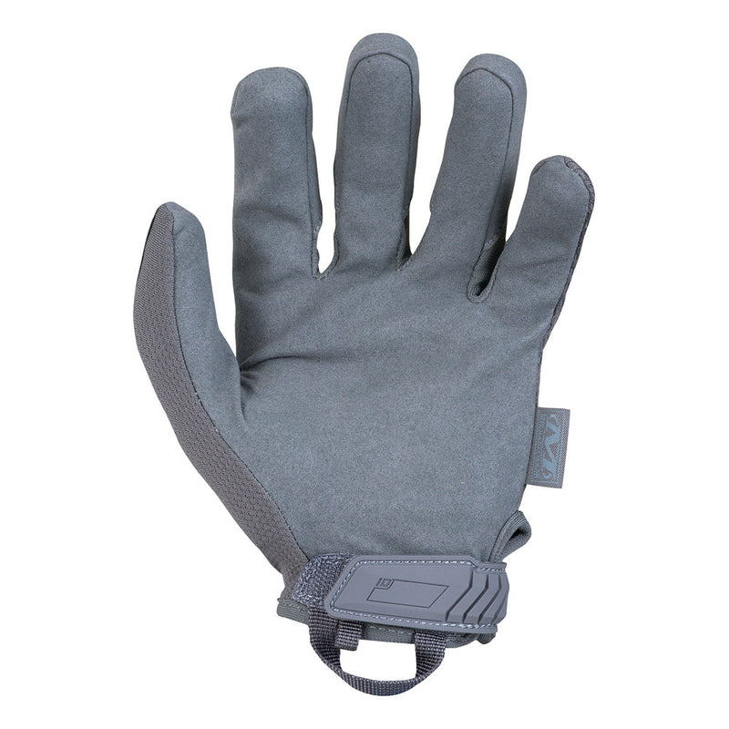 Wolf Grey Tactical Gloves by Mechanix Wear with a close-up on the palm, highlighting the secure fit wrist closure and storage loop.