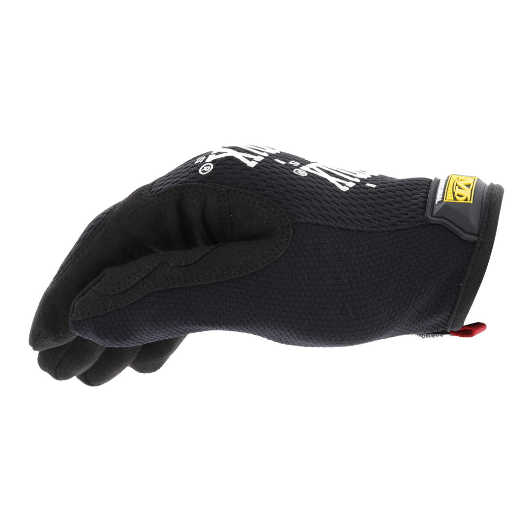 Side view of Mechanix Wear The Original Black Work Gloves, showing the snug fit and the textured TrekDry material along the back.