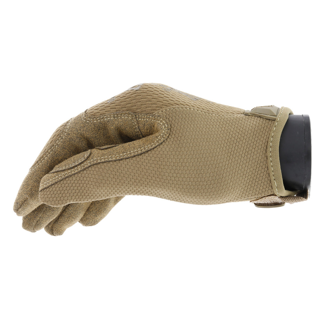Side view of Mechanix Wear The Original Coyote Tactical Gloves highlighting the secure fit wrist closure and ergonomic design for tactical operations.