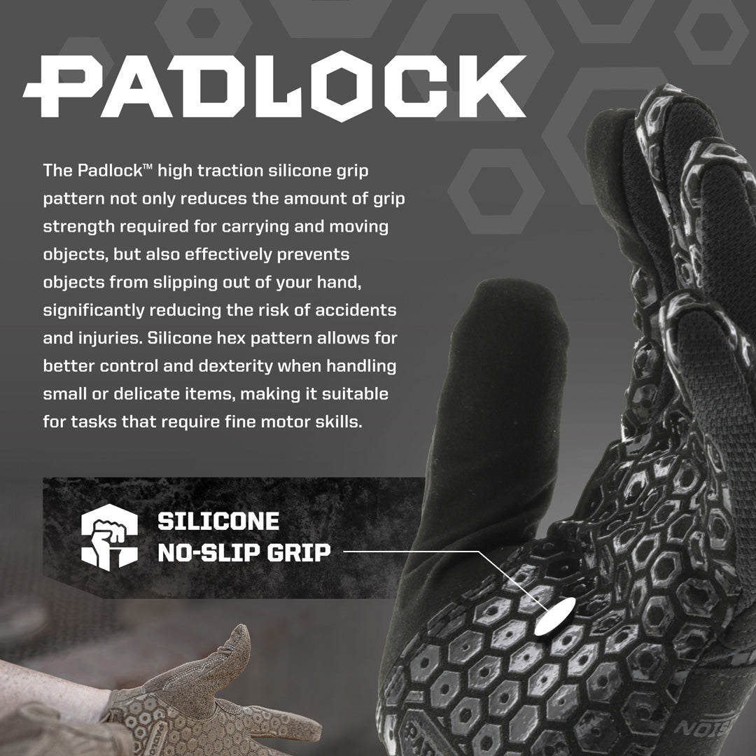Mechanix Wear gloves with Padlock™ high traction silicone grip pattern displayed, highlighting the hexagonal design that enhances grip strength and dexterity for precise tasks requiring fine motor skills.