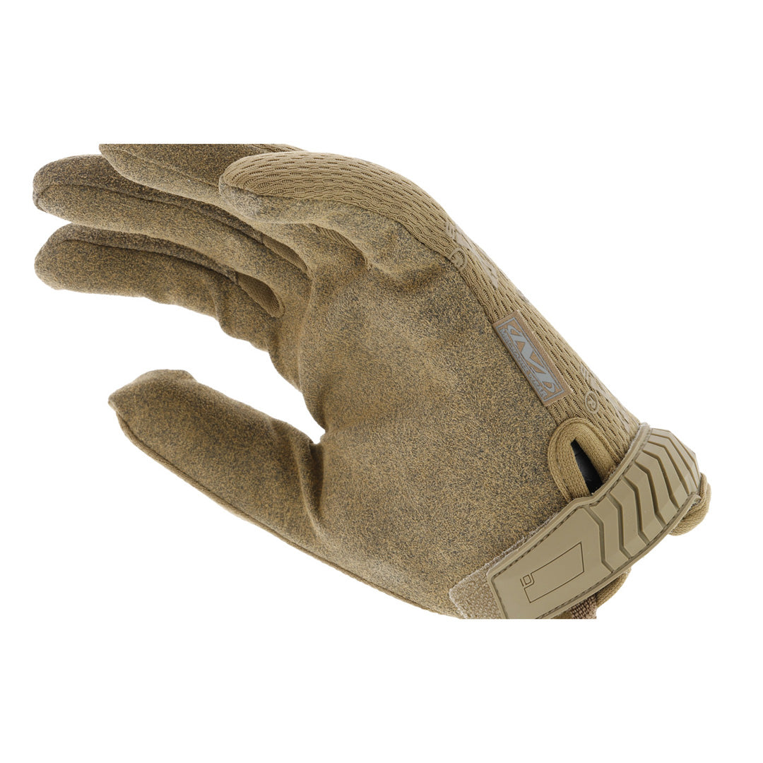 Mechanix Wear The Original Tactical Gloves in Coyote, angled to emphasize the glove's mobility and fit, with a visible Nylon carrier loop for convenient storage.