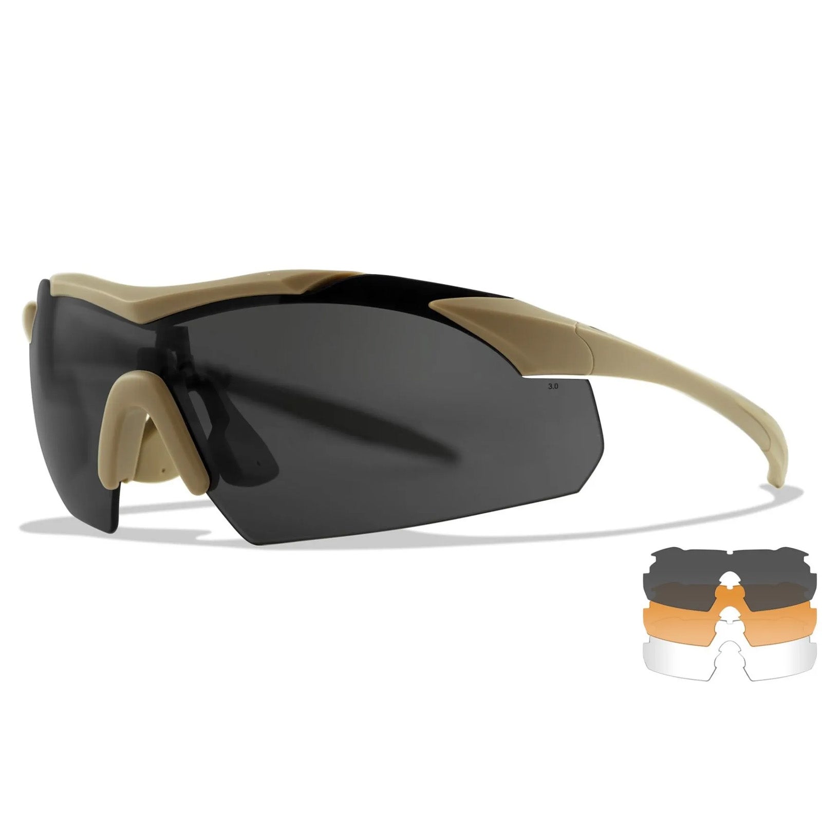 WX Vapor 2.5 Glasses - 3 Shields Set - Grey, Clear & Light Rust shields - Matte Tan Frame