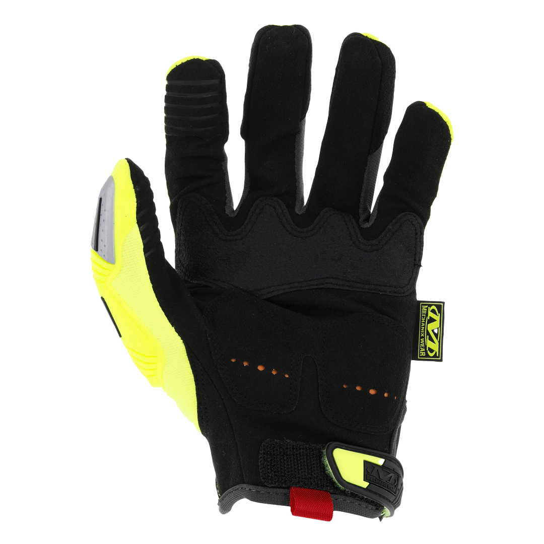 palm view of hi-viz yellow m-pact safety glove showing black synthetic leather palm with reinforced grip and touchscreen-compatible fingertips