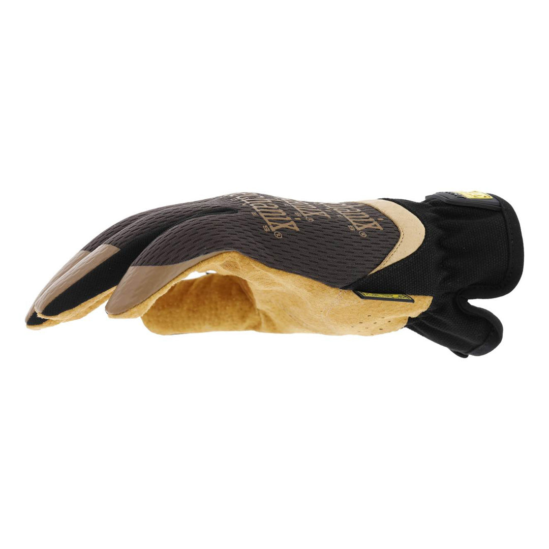 side view of fastfit glove showing curved finger design and two-tone leather construction