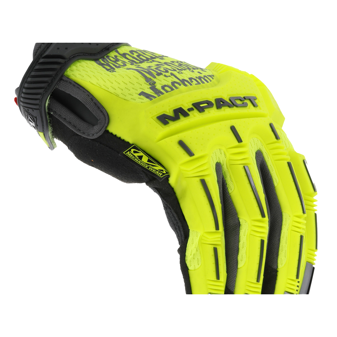 side angle of hi-viz yellow m-pact glove highlighting knuckle guards and reinforced finger panels