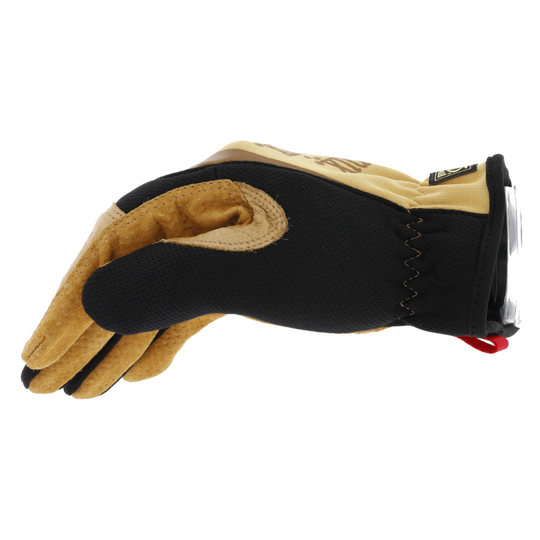 opposite side view of glove showing black stretch fabric back and reinforced thumb panel