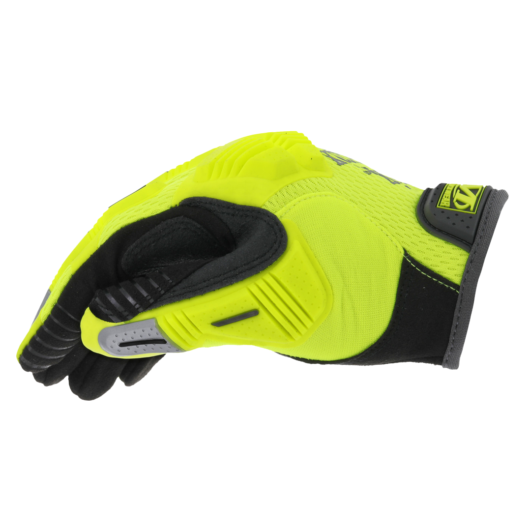 side view of hi-viz yellow m-pact glove with black palm, hook and loop cuff, and reinforced thumb panel
