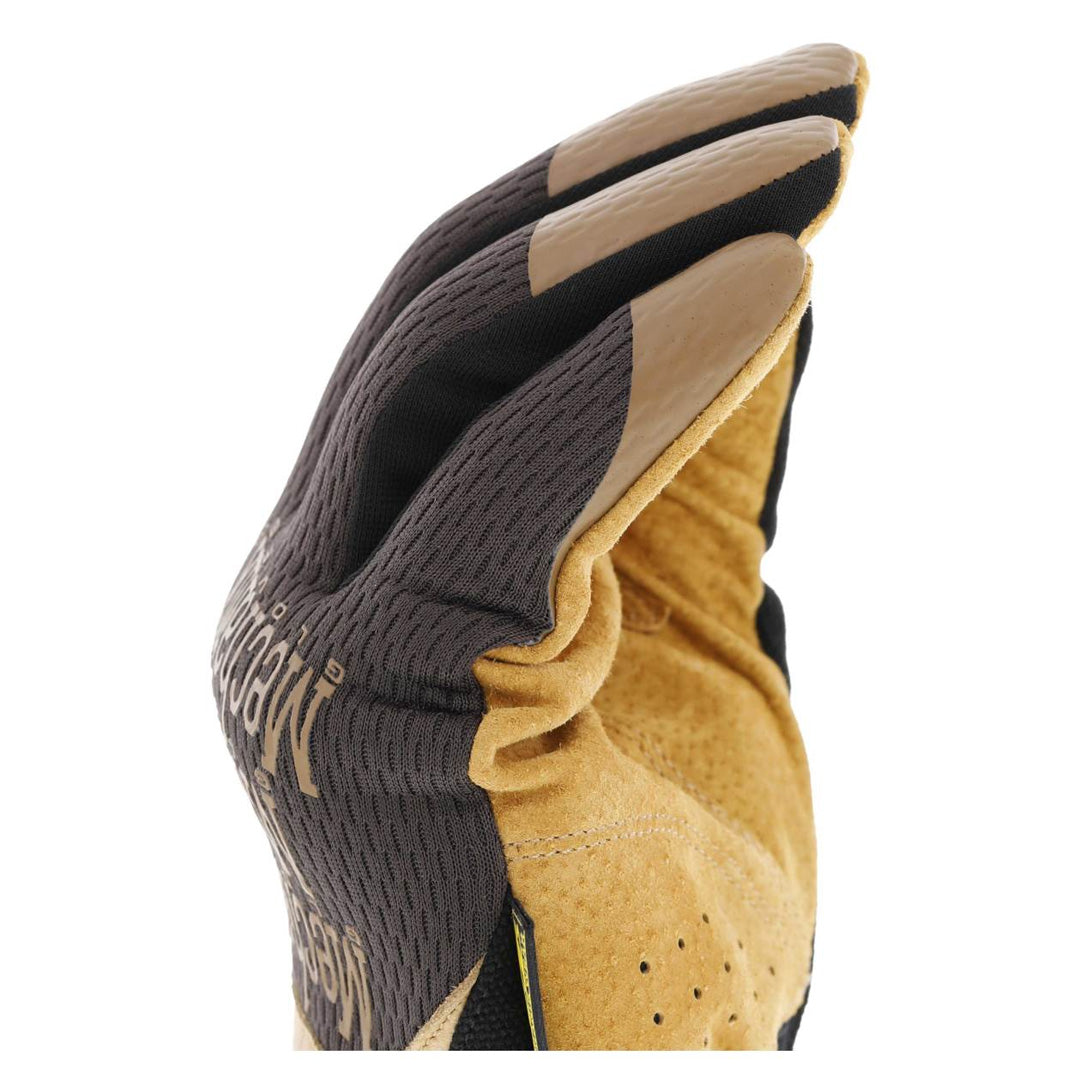 close-up of curved fingers on leather work glove with reinforced fingertips and pinched seams