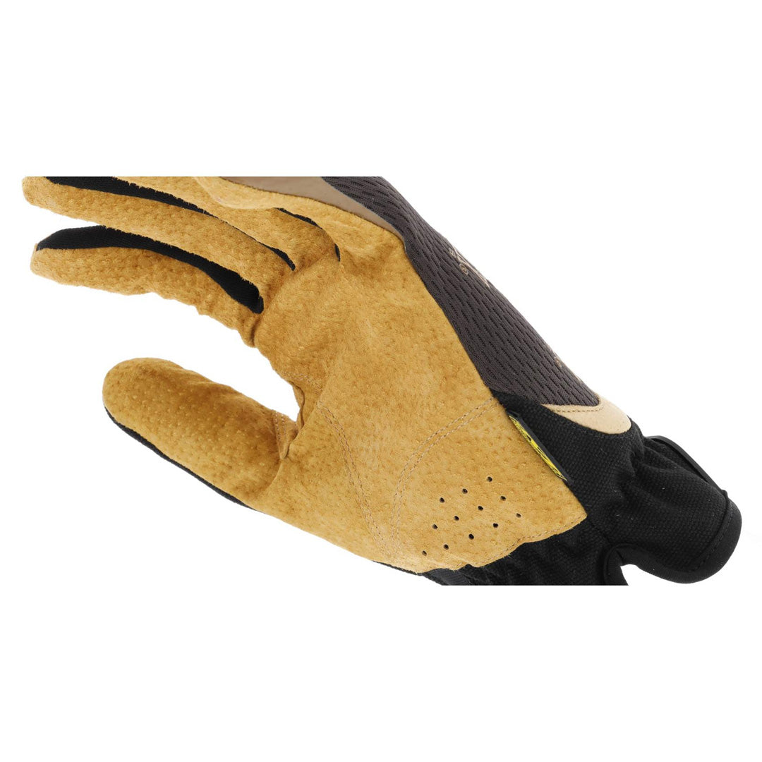 angled palm view highlighting perforated durahide leather and ergonomic two-piece palm design