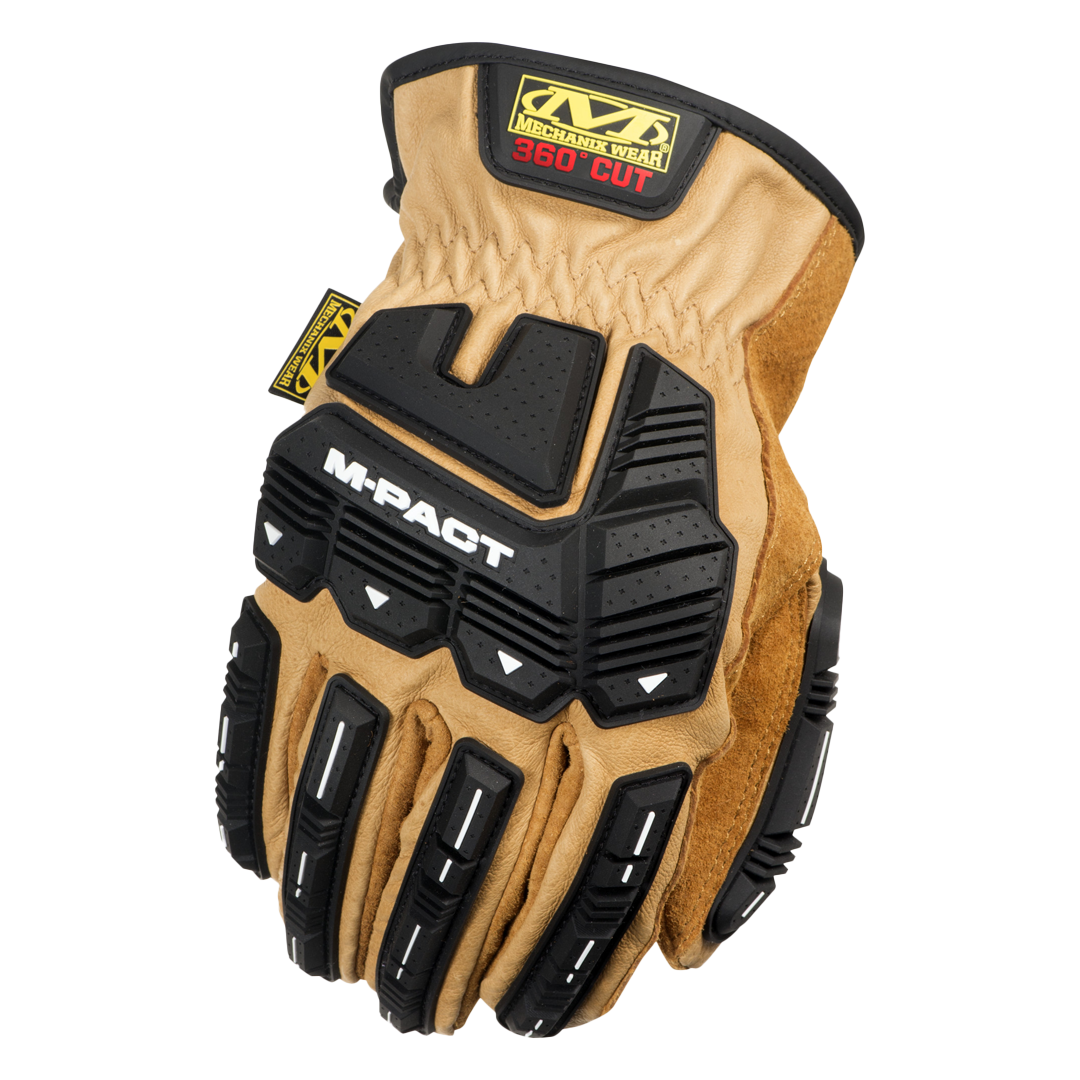 mechanix wear m-pact 360 cut resistant glove top view showing brown leather shell with black tpr knuckle protection