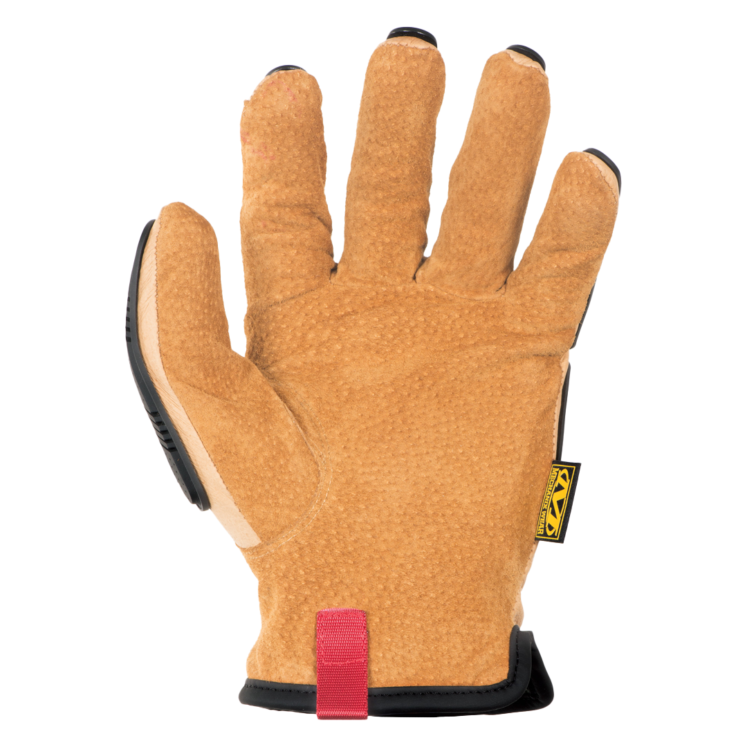 mechanix wear m-pact 360 cut resistant glove palm view showing textured brown leather grip with reinforced stitching