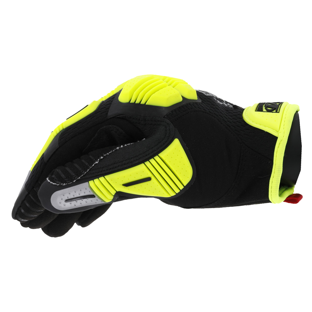 side profile of mechanix wear impact-resistant glove highlighting finger and knuckle armour in fluorescent yellow