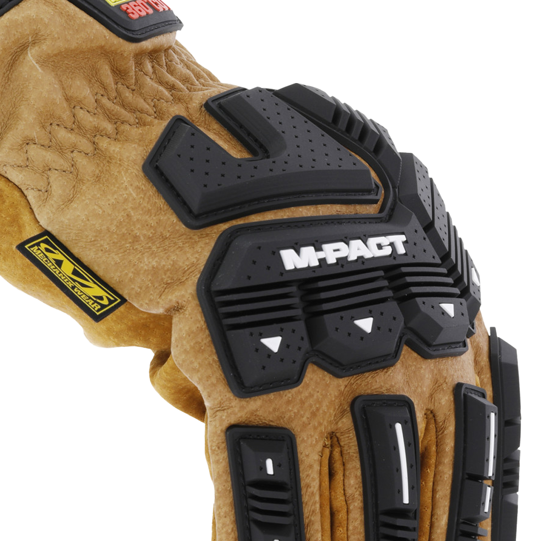 mechanix wear m-pact 360 cut resistant glove angled view highlighting backhand impact protection and leather construction