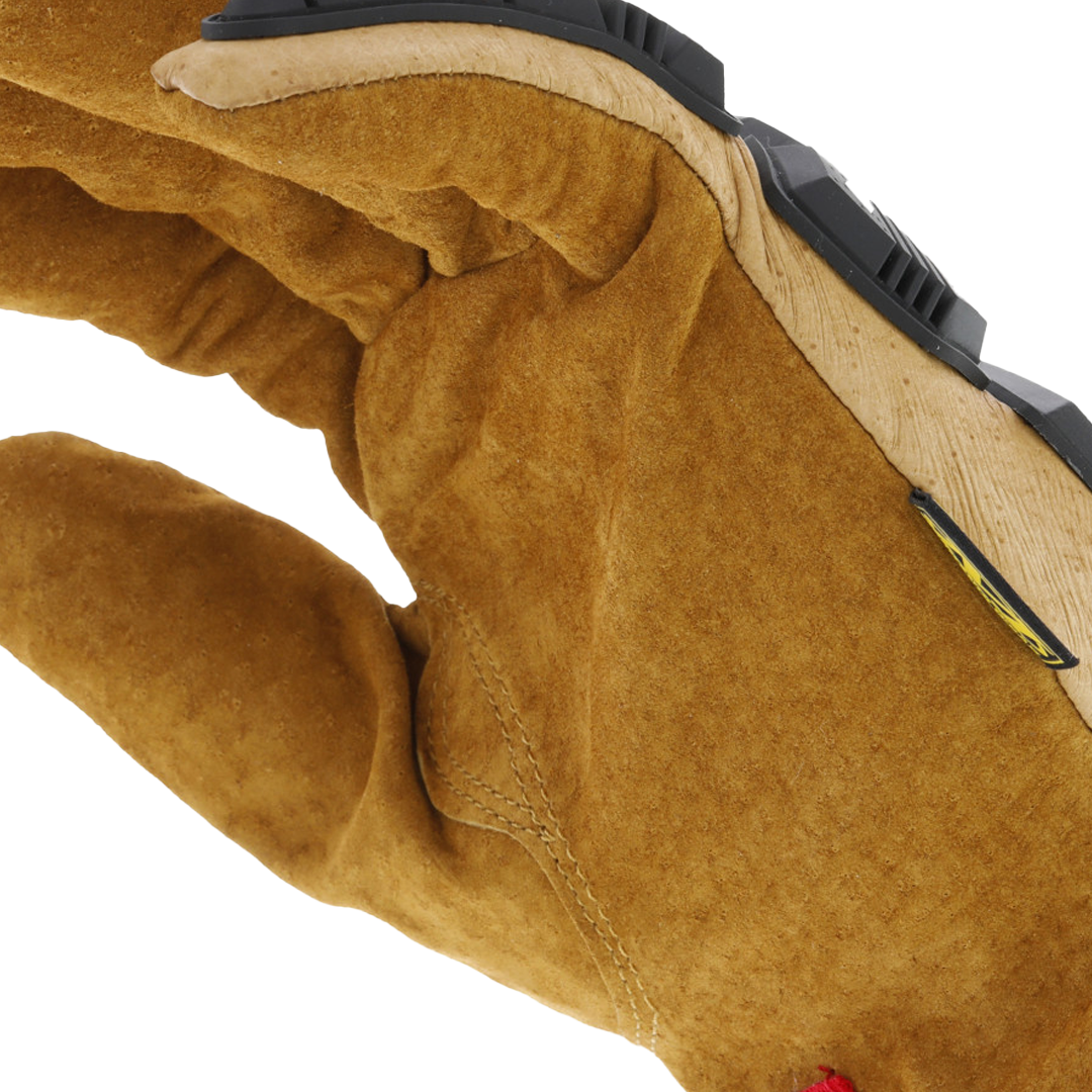 mechanix wear m-pact 360 cut resistant glove close up of thumb and palm area with durable leather finish