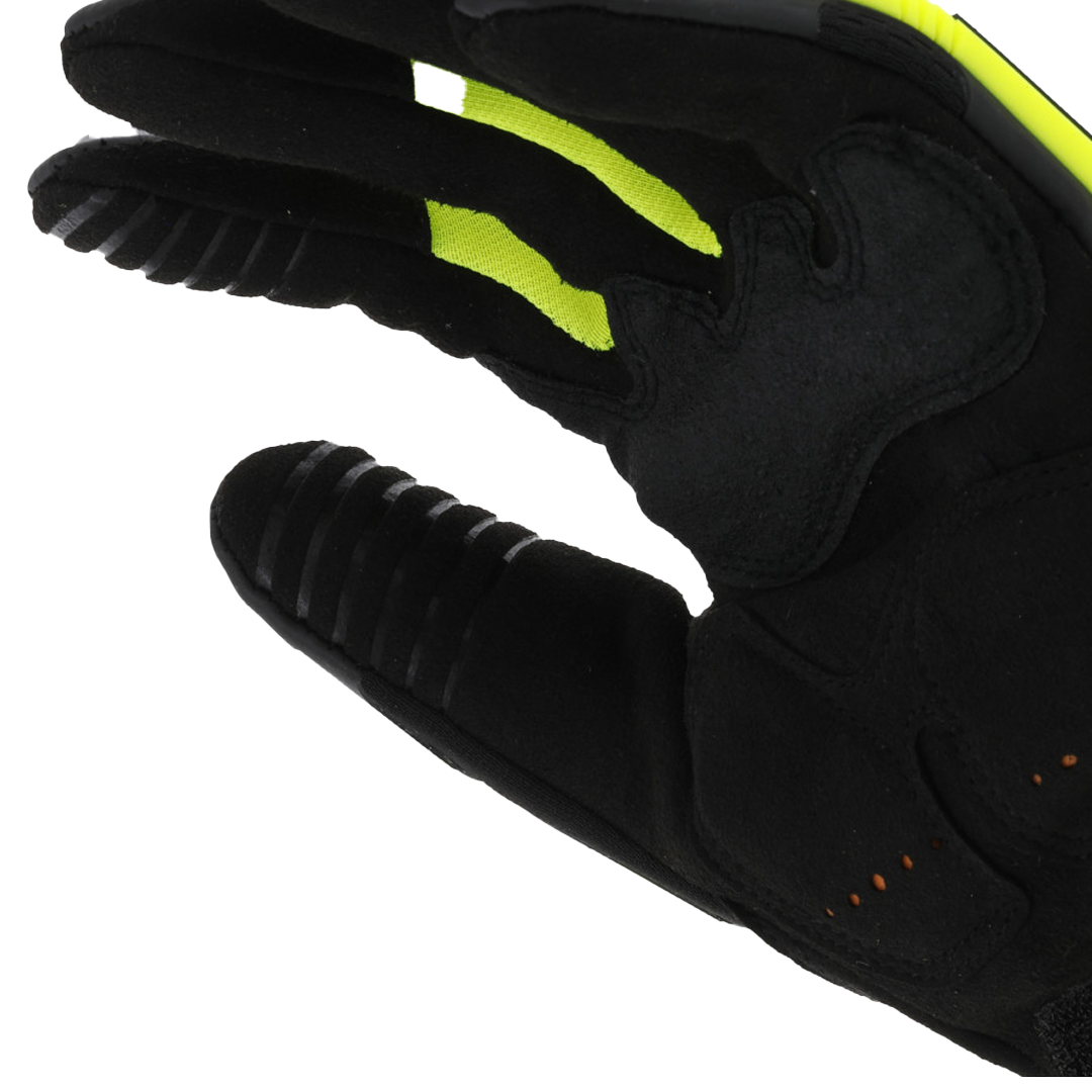 low-angle side view of mechanix wear safety glove showing ergonomic wrist closure and breathable back panel