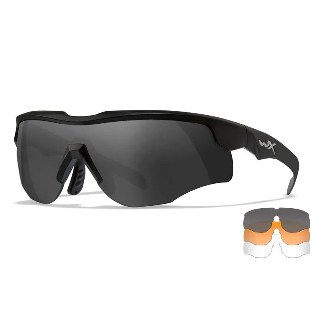 WX Rogue Comm Glasses - 3 Shields Set - Grey, Clear & Light Rust Shields - Matte Black Frame