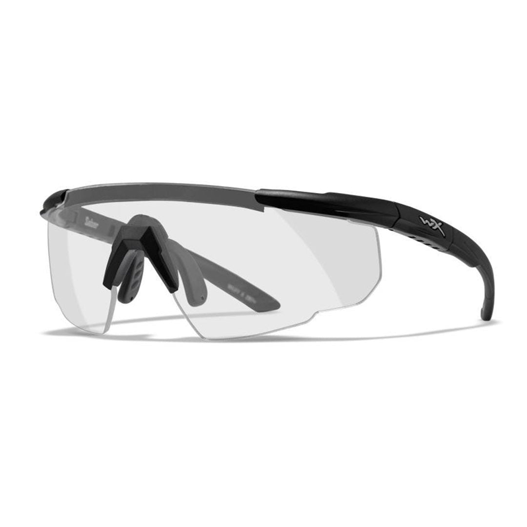Front view of Wiley X Saber Advanced tactical eyewear with clear shield lenses and semi-rimless matte black frame.