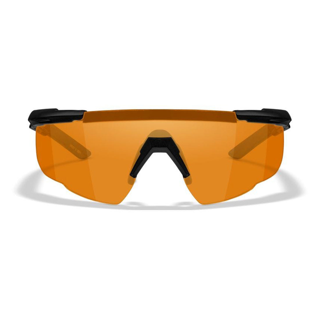 Wiley X Saber Advanced tactical eyewear with a matte black frame and orange interchangeable lens, side view.