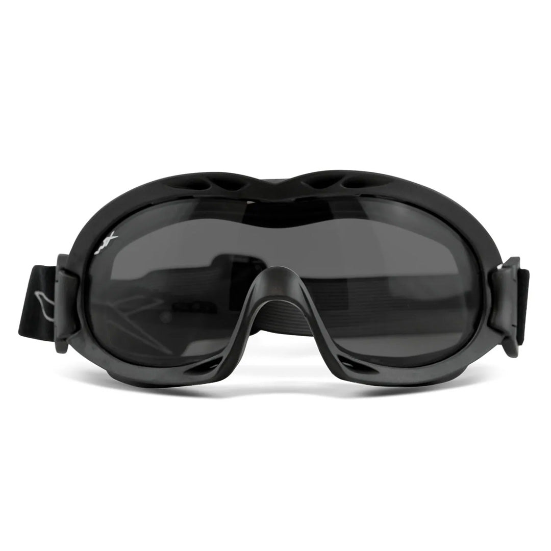 Black Wiley X Nerve Tactical Goggles shown from the front, highlighting the wide, protective lenses and sleek design.
