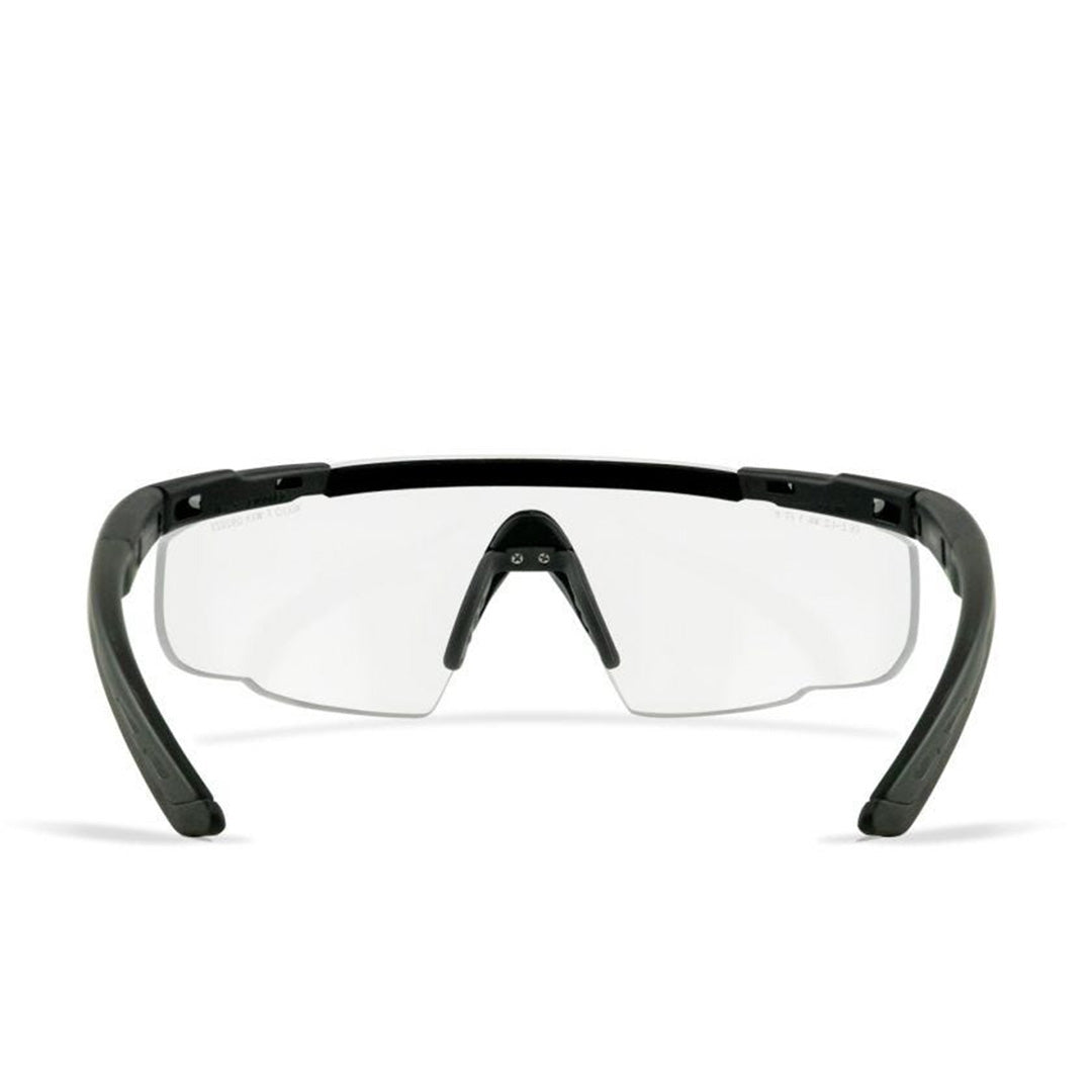 Angled view of Wiley X Saber Advanced featuring clear shield lenses and lightweight semi-rimless frame.