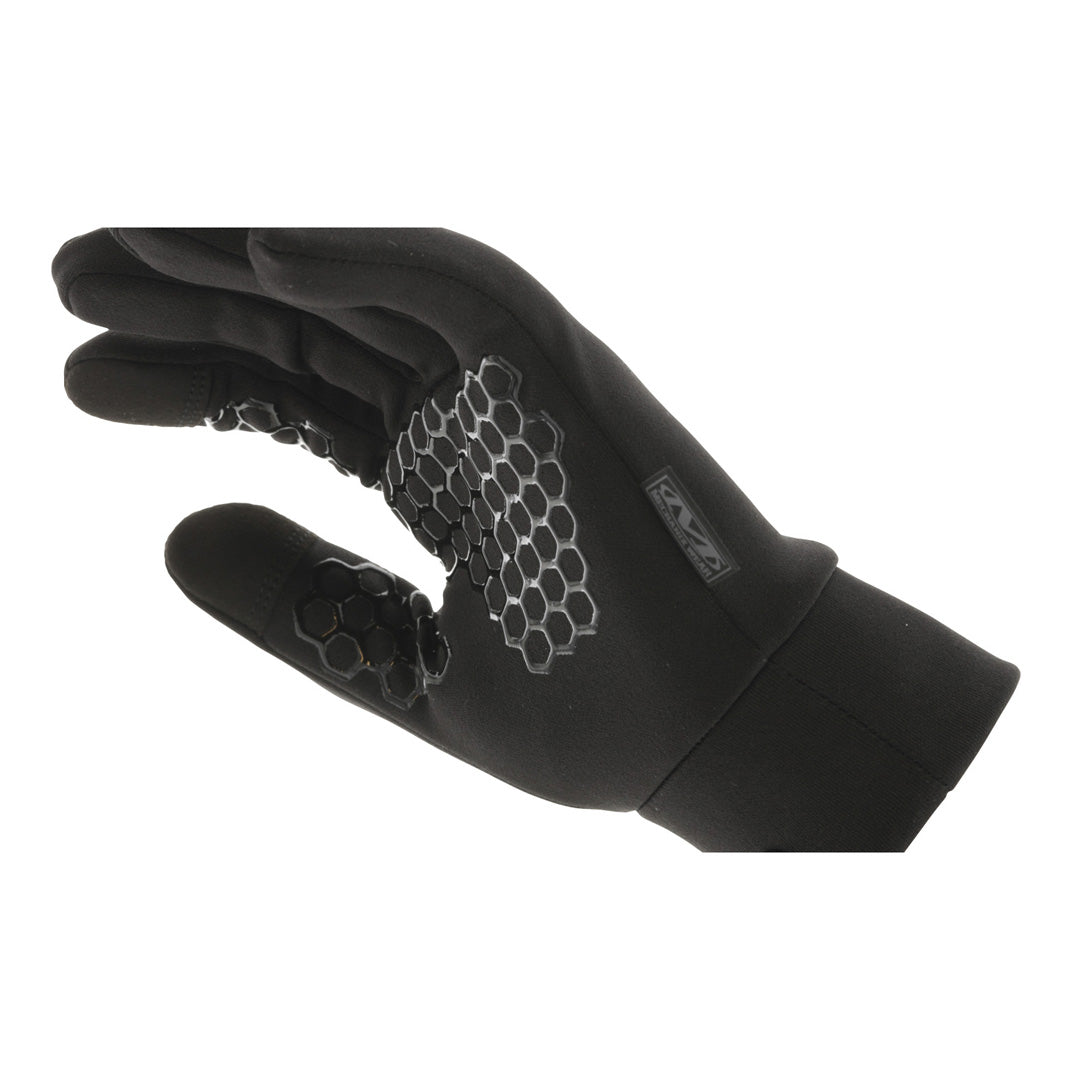 Angled view of glove palm with silicone grip and touchscreen-capable fingertips.