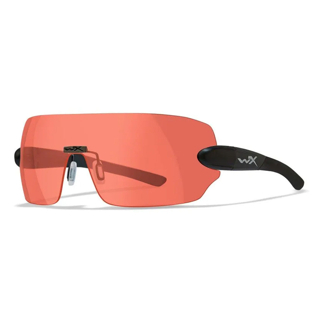 Wiley X WX Detection eyewear with an orange lens, featuring a matte black frame, designed for tactical, airsoft, and shooting applications.