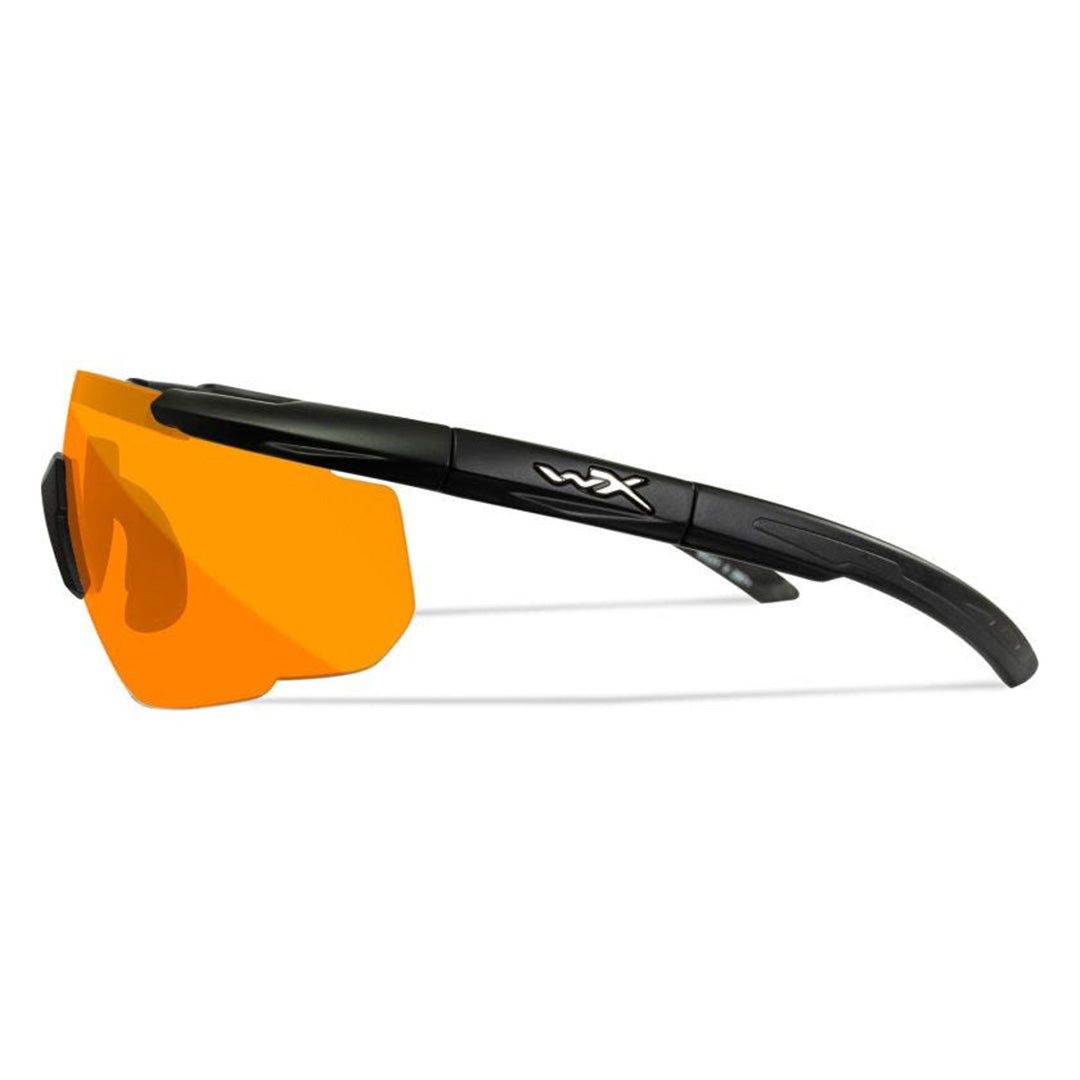 Wiley X Saber Advanced tactical eyewear with matte black frame and orange lens, including additional interchangeable lenses.