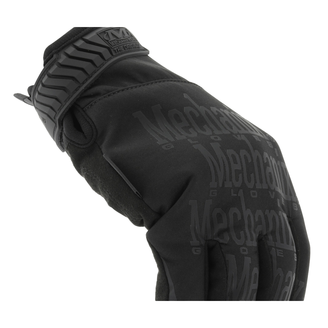 close-up of Mechanix Wear ColdWork Covert glove showing wrist strap with Mechanix Wear branding  