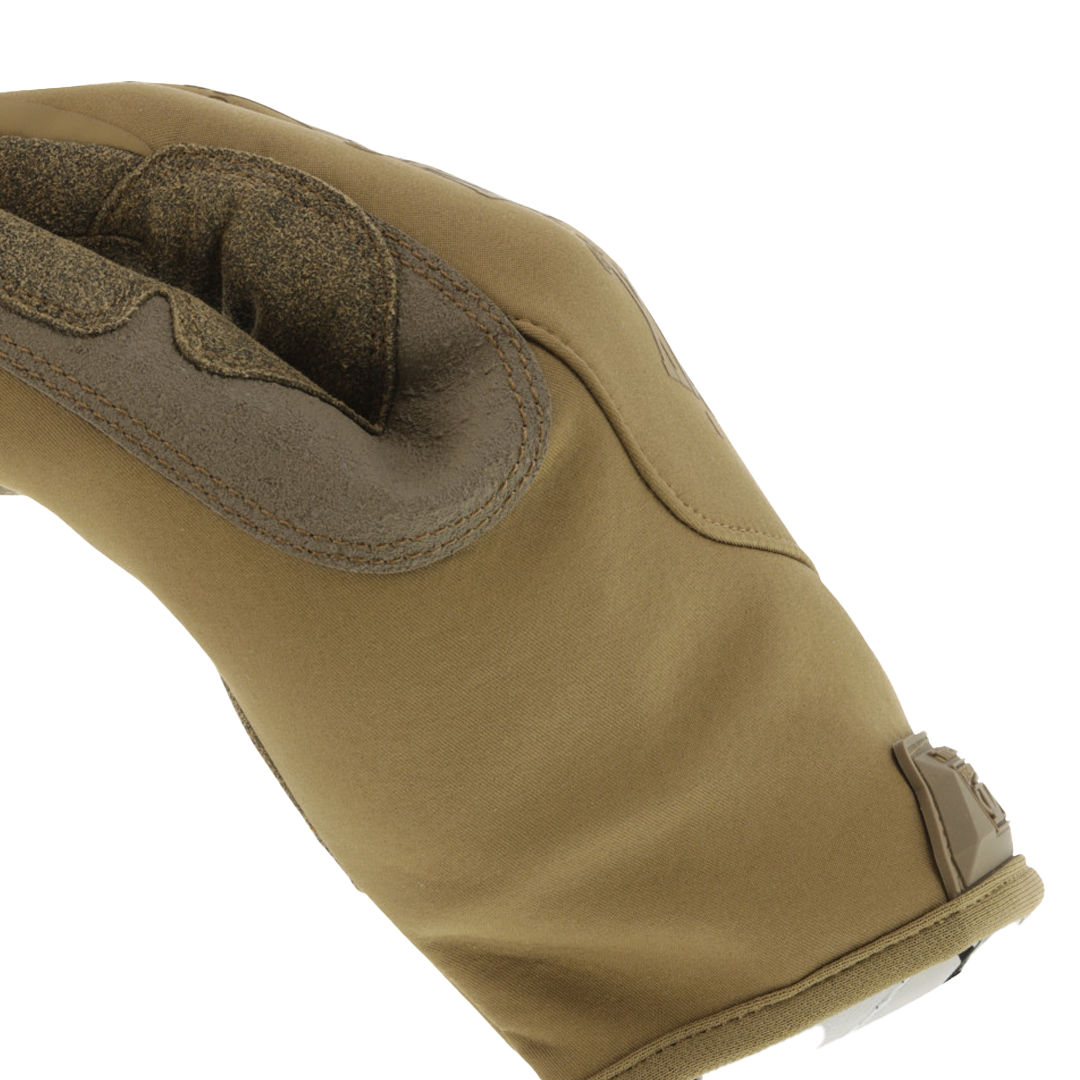 side view of glove with focus on reinforced thumb and stretchable shell fabric