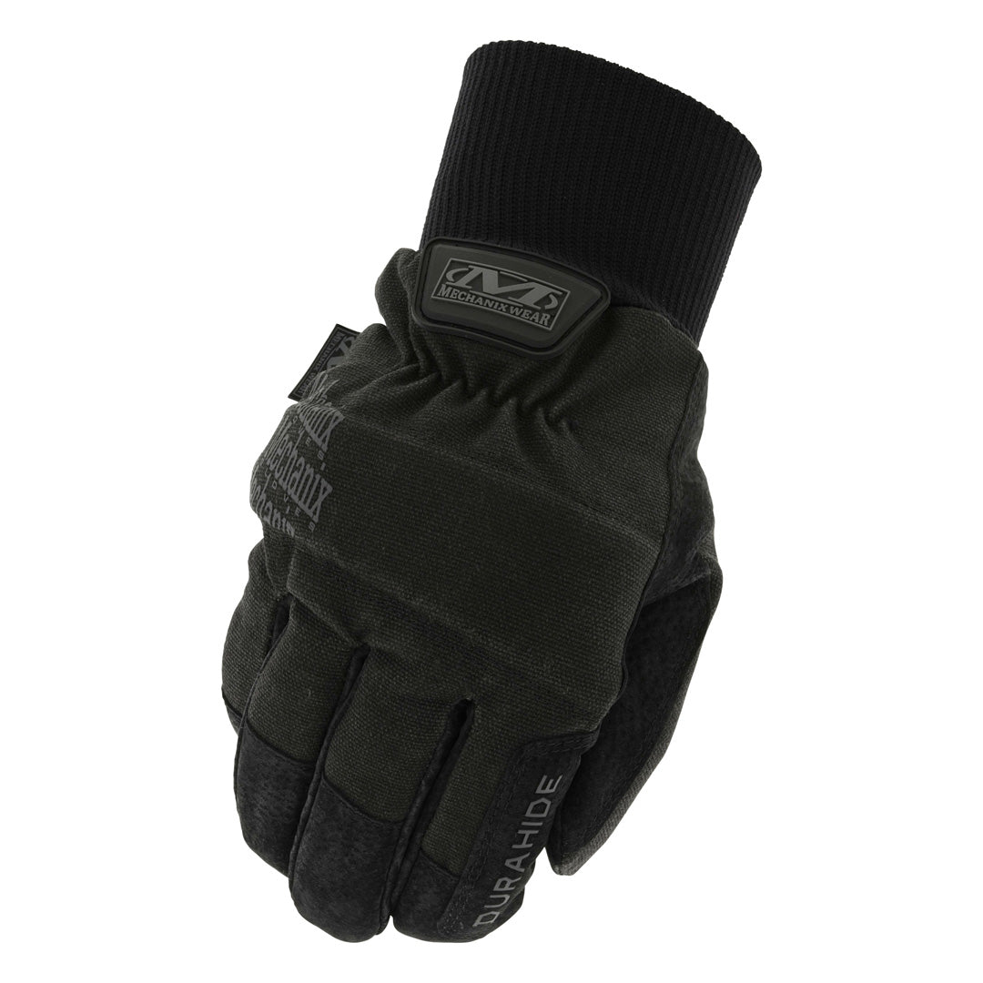 A single Mechanix Wear ColdWork Canvas Utility glove shown in a high-resolution image, highlighting the C6 water repellent heavy-duty canvas and Durahide leather palm, designed for superior warmth and durability in cold weather conditions with 100g 3M Thinsulate insulation and a snug knit cuff.