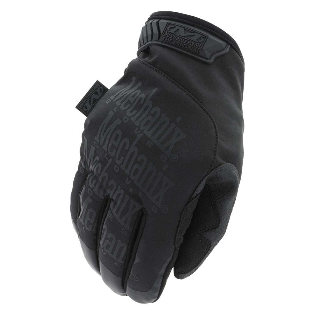 top view of Mechanix Wear ColdWork Covert glove showing black softshell exterior and branded knuckle area  