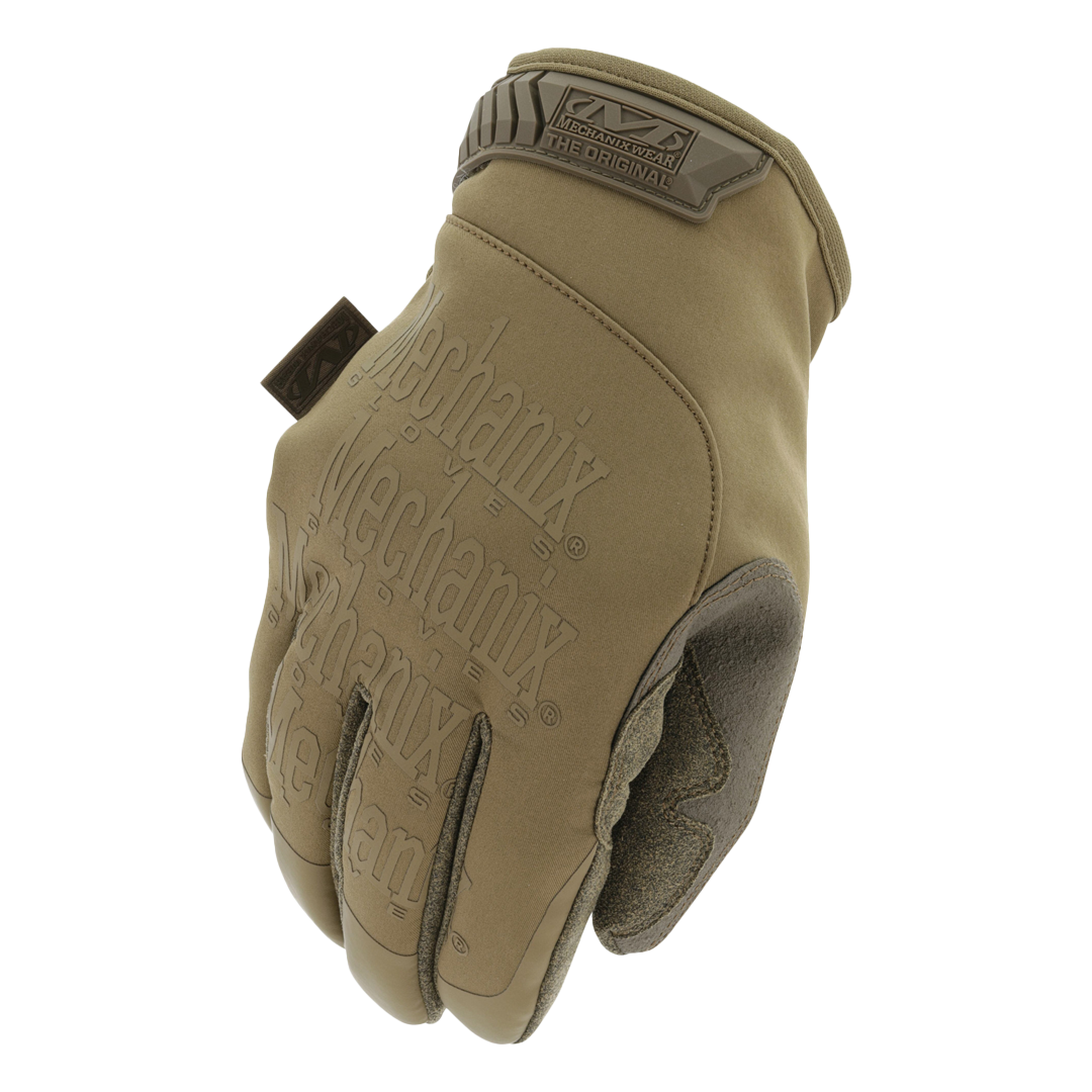 angled top view of coyote brown tactical glove showing embossed mechanix wear branding on the backhand
